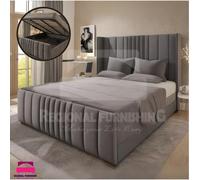 (Small Double-4ft (Without Gas Lift), Silver Plush) Winged Panel Bed Frame Ottoman GasLift Storage Bed Upholstered Velvet+Mattress