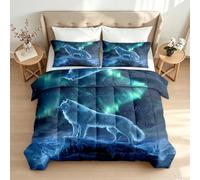 Small Double Coverless Duvet Set Wolf 3D Reversible Bed Duvets Sets Northern Lights Animals All-Season quilt Machine Wash Bedding Soft Warm Breathable and 2 Pillowcases 2y473