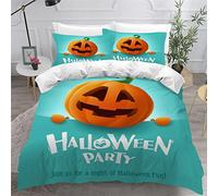 Small Double Duvet Cover and Pillowcases Halloween Pumpkin Bedding Soft Microfiber Double Size Bedding Set with Zipper, Blue Quilt Cover Childrens Adults Bedding 3 Pieces