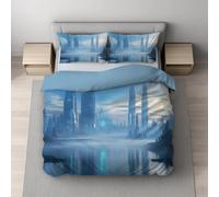 Small Double Duvet Cover Set 180 x 220 cm, Soft Reversible Microfibre Bedding Set, Hidden Zip Closure, Wrinkle & Fade Resistant, Breathable, Easy Care, Blue, City Skyscraper Sci-Fi