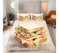 Small Double Duvet Cover Set Sandwich Pattern Brushed Soft Microfiber Food Double Bedding Set 3D Printed Zipper Quilt Cover 155x220 cm and 2 Pillowcases 50x75 D-263