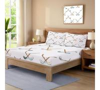 Small Double Fitted Sheet 30 cm Deep Pocket, Soft Cartoon Abstract Brushed Microfiber Bottom Sheet, Crossed Hockey Sticks Fitted Bed Sheets Hypoallergenic Breathable Sheets White