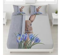 Small double Fitted Sheet, Vintage Retro Nordic Scandi Print Easy Care Fitted Bed Sheets Animal Wilderness Rustic Bedsheets with Pillowcase-25cm Deep Pocket Fade Resistant Rabbit Blue Crocuses Patter