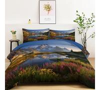 Small Double Size Coverless Duvet 180 x 200 cm, Landscape Lake Chartres Coverless Quilt Comforter with Pillowcase - Non-Allergenic Reversible Bedding All Season Quilt Girls Boys, Blue Green