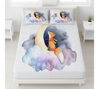 Small double Size Fitted Sheet - 120 x 190 cm Bedspread Fairy Tale Fox Moon Stars Deep Pocket, Soft Microfibre, Wrinkle-Free, Easy Care, Fade & Shrink Resistant - Orange Bedspread