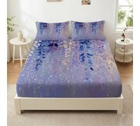 Small Double Size Ultra-Soft Fitted Sheet, Dreamy Soft Brushed Microfiber Bedding Set, Wrinkle Free Floral Wisteria Leaves Bed Sheets 120 x 200 cm - 30 cm Deep Pocket