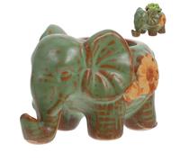 Small Elephant Ceramic Succulent Planter Pot, Rustic Vintage Garden Decor | Light Green Distressed Finish, Embossed Floral Details, Suitable for Cuttings and Air Plants, Windowsills, Desks, Offices