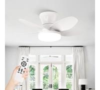 Small Fan Light Ceiling and Remote for Bedroom, 25in/5 Blades Silent Low Profile Flush Mount Lamp Fitting Fan Indoor Light Fan 6-Speed Reversible DC Motor with Timer for Living Room Lounge-White