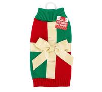 Small Festive Red Green Gold Present Design Pet Jumper with Harness/Lead Hole - Soft Acrylic Dog Christmas Sweater - Warm & Lightweight Holiday Outfit for Winter Walks & Seasonal Photos