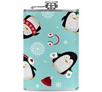 Small Flask for Liquor and Funnel Stainless Steel Leak Proof Pocket Hip Flask for Wine Whiskey Rum and Vodka Christmas Penguins Pattern Blue Background