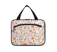 Small Flowers Foliage Pattern Pink Orange Light Beige Hanging Travel Makeup Organizer with Hook, Designer Washable Hanging Toiletry Bag for Accessories for Women Trip bolso Viajero para Mujer