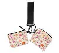 Small Flowers Foliage Pattern Pink Orange Light Beige Women's Coin Purses Card Cases Slim Detachable Change Purse Key Holder with Keychain for Daily Use 2 Pcs
