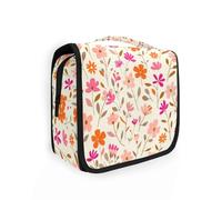 Small Flowers Foliage Pattern Pink Orange Light Beigravel Toiletry Bags with Hanging Hook Necessities Make up Bags Gym