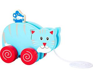 Small Foot 10635 Pull-Along Animal made of Colorful Wood in The Shape of A Cat, Practical Pulling Cord Animates to Walk, While pulling the Small Mouse On Her Back Moves