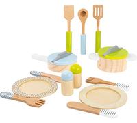 small foot 11098 Dishes and Cookware Set "Play Kitchen" made of wood, perfect addition to every play kitchen, 15 pcs.