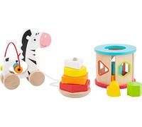 Small Foot 11106 Motor skills toy set made of wood, with pull-along animal, stacking tower and plug-in game in a colourful, Multicolour