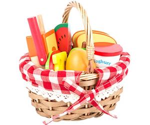 Small Foot 11282 Picnic Basket with Cuttable Wooden Fruit, play store accessories, role-playing toys for kids aged 3+