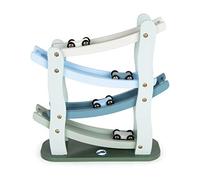 small foot 11651 race track, in cascade style, stylish blue shades of wood, four floors, four wooden cars, from 3 years