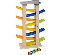 Small Foot 11963 Race Track w/Parking Level, made of wood & plastic, extra-high w/8 ramps & 4 wood cars, ages 18+ mths.
