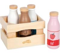 small foot crate with dairy drinks “fresh”, four wooden bottles with different types of milk, incl. crate, toy shop accessories, 3 and up, 12820
