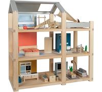 Small Foot Doll House Natural with Furniture, wood, with 3 floors and roof terrace, for kids aged 3+ years, 12541