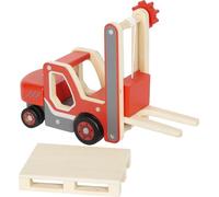 small foot Forklift with Pallet, wood, with moving loading fork and winch, toy vehicle for kids aged 2+ years, 12636