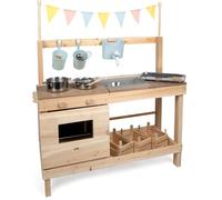 small foot solid wood mud kitchen and shop, XL mud kitchen/outdoor shop, playing areas on both sides, with a water tap and accessories, 12790