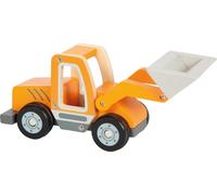 small foot wiellader met schep van hout, speelvoertuig met scheparm en rubberen