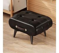 Small Footstool Ottoman - Faux Leather Modern Upholstered Stool with Handle, Portable Foot Rest for Living Room Entryway, Solid Wood Frame/Space Saving,Black