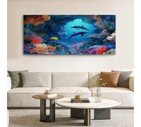 Small Framed Canvas Wall Art Cartoon 90 x 60 cm Canvas Pictures Dolphins Fish Underwater World - Decorative Wall Poster for Living Room, Bedroom Bathroom, Blue