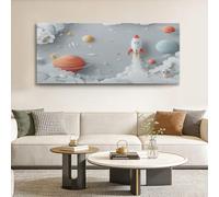 Small Framed Canvas Wall Art Cartoon 90 x 60 cm Canvas Pictures Space Rocket Planets Clouds - Decorative Wall Poster for Living Room, Bedroom Bathroom, Gray