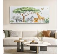 Small Framed Canvas Wall Art Cartoon Animals 90 x 60 cm Canvas Pictures Elephants Giraffes Lions Trees - Decorative Wall Poster for Living Room, Bedroom Bathroom, White