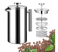 Small French Press Coffee Maker - Small 12oz/350ml Single Cup Metal French Press(1 Cup), Stainless Steel Double Wall Insulated Coffee & Tea Maker w/ 3 Extra Screens + 1 Spoon (Silver), Dishwasher Safe