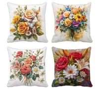Small Fresh Cushion Covers 55 X 55 Set of 4 Square Outdoor Cushions Waterproof Linen Decorative Pillows Covers Flower Pattern Design with Invisible Zipper for Garden Home Decor, Gifts for Women E-2E