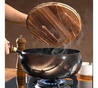 Small Frying Pan Uncoated Iron Pot, Hand Forged Pre-seasoned Oven Safe Cookware, For Camping Indoor And Outdoor Cooking(With wooden cover)