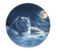 Small Gaming Mouse Pad - White Tiger Under Full Moon A Round Rubber Base Desk Mat, Desk Pad with Stitched Edges, Mousepad for Laptop, PC Keyboard Mouse Mat for Work Game Office 7.9 in