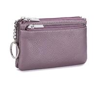Small Genuine Leather Coin Purse - Mini WALLET with Three Zippers for Women Men, Cowhide Change Pouch & Keychain Holder, Compact Zero WALLET for Coins and Keys，Purple