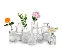 Small Glass Table Centrepieces Flowers Vase：Glasseam 8Pcs Vintage Mini Bud Sweet Pea Vases Set Cut Crystal Clear Narrow Neck Bottles for Roses Pampas Grass Wedding Living Room Dining Decoration