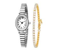 Small Gold Watches and Bracelet Set for Women Easy Reader Oval Roman Numeral Dial with Stainless Steel Expansion Band, Vintage Elegant Ladies Wrist Watch (2 Sizes), Silver, 7.09in-8.27in, 7.09in