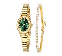 Small Gold Watches and Bracelet Set for Women Easy Reader Oval Roman Numeral Dial with Stainless Steel Expansion Band, Vintage Elegant Ladies Wrist Watch (2 Sizes), Gold Green, 7.09in-8.27in, 7.09in