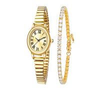 Small Gold Watches and Bracelet Set for Women Easy Reader Oval Roman Numeral Dial with Stainless Steel Expansion Band, Vintage Elegant Ladies Wrist Watch (2 Sizes), Gold, 7.09in-8.27in, 7.09in-8.27in