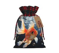 Small Goldfish Swimming In The Water Christmas Burlap Gift Bags With Drawstring, Christmas Linen Treat Bags W/Tags Goody Gift Bag Xmas Candy Reusable Gifts Wrapping Bag Xmas Holiday Party Favors