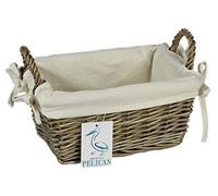 Small grey shelf baskets in natural wicker. Bedroom makeup, toiletries, jewellery and trinkets. Kitchen storage, vegetables, bread. (32cm, Grey lined)