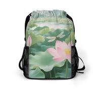 Small Gym Bag A Lotus Pond with Rippling Water Printed Drawstring Gym Bag for Men Lightweight Waterproof Drawstring Backpack for Women with Shoe Compartment for Travel Tourism Work and Fitness