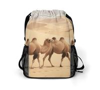 Small Gym Bag Bactrian Camels Move Slowly Printed Drawstring Gym Bag for Men Lightweight Waterproof Drawstring Backpack for Women with Shoe Compartment for Travel Tourism Work and Fitness