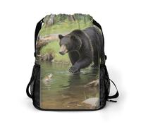 Small Gym Bag Black Bears Fishing in The Stream Printed Drawstring Gym Bag for Men Lightweight Waterproof Drawstring Backpack for Women with Shoe Compartment for Travel Tourism Work and Fitness