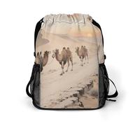 Small Gym Bag Camel Bells on The Ancient Road Printed Drawstring Gym Bag for Men Lightweight Waterproof Drawstring Backpack for Women with Shoe Compartment for Travel Tourism Work and Fitness