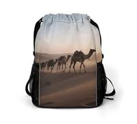Small Gym Bag Camel Caravan in The Desert at Dawn Printed Drawstring Gym Bag for Men Lightweight Waterproof Drawstring Backpack for Women with Shoe Compartment for Travel Tourism Work and Fitness