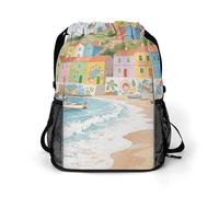 Small Gym Bag Colorful Town Printed Drawstring Gym Bag for Men Lightweight Waterproof Drawstring Backpack for Women with Shoe Compartment for Travel Tourism Work and Fitness