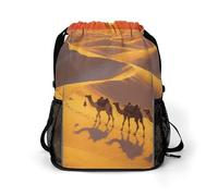 Small Gym Bag Desert Camel Bells at Dusk Printed Drawstring Gym Bag for Men Lightweight Waterproof Drawstring Backpack for Women with Shoe Compartment for Travel Tourism Work and Fitness